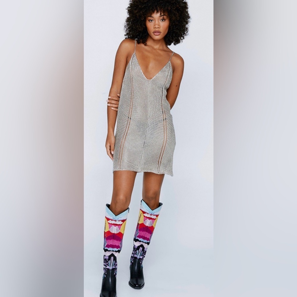 Say What? Metallic Silver Knit Slip Dress with Thin Straps